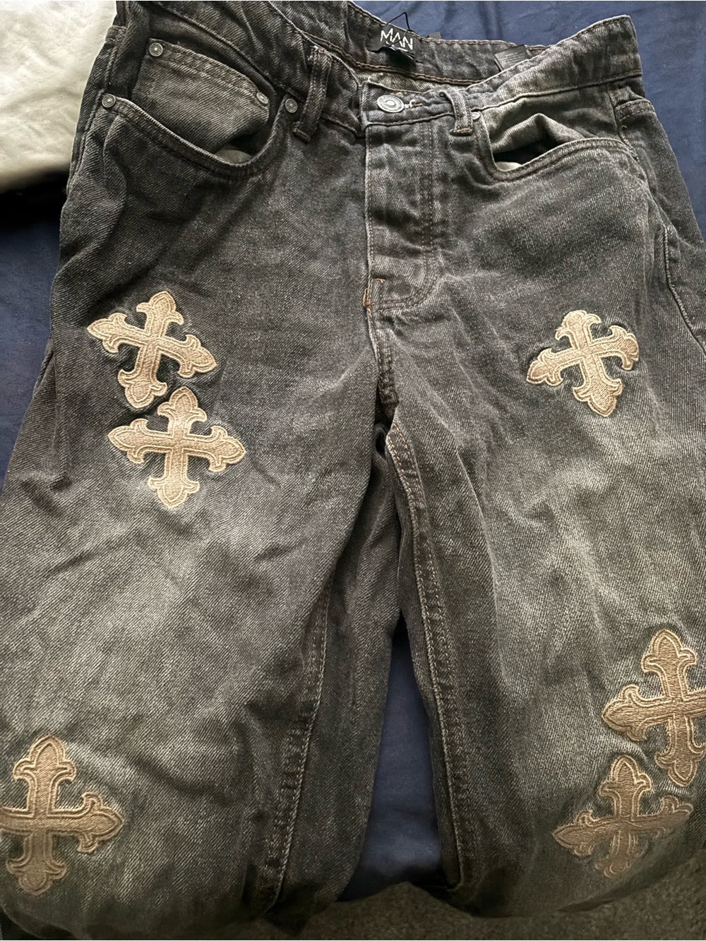 Boohoo Black Jeans with Beige Cross Embroidery - Picture 1 of 2